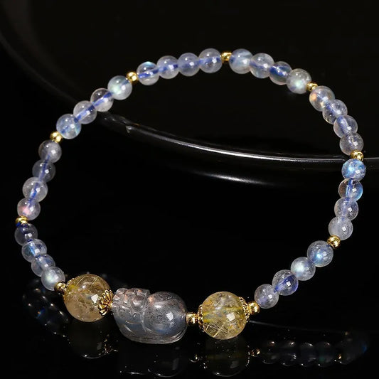 Natural Gray Moonstone Pixiu Bracelet | Mystical Labradorite Wealth Charm